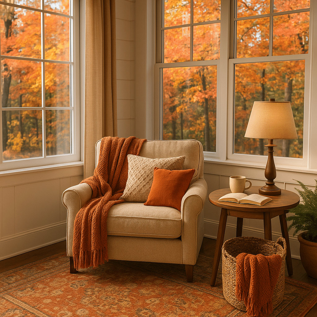 cozy northern ohio fall sunroom reading nook.