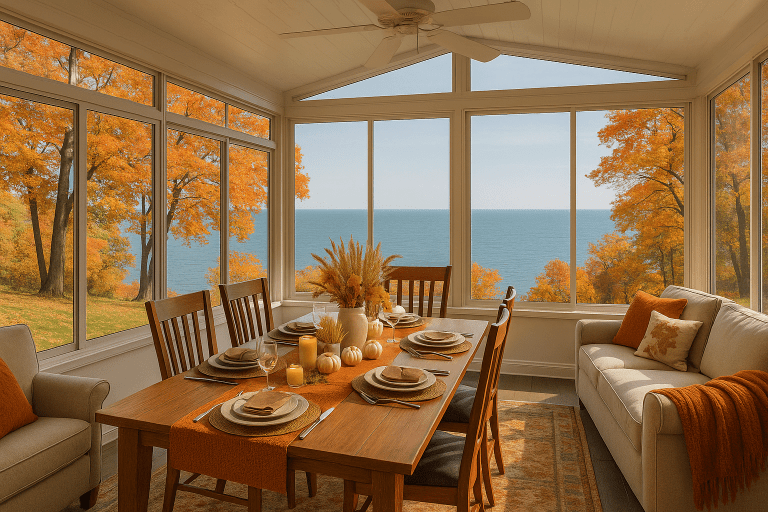Thanksgiving table in a cozy Lake Erie sunroom with fall decor, candles, and autumn foliage views.