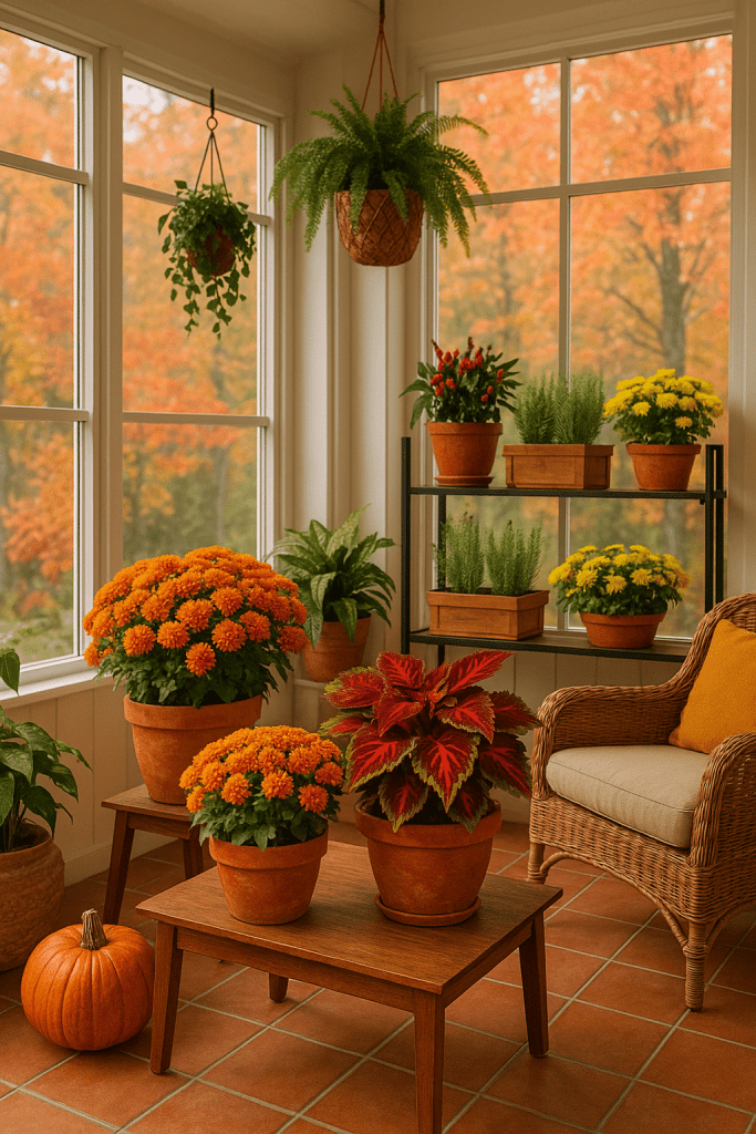 A bright autumn sunroom filled with potted plants, including orange and yellow chrysanthemums, red-and-green coleus, ornamental peppers, herbs, and hanging Boston ferns. Large windows reveal colorful fall foliage outside, while wicker furniture and a pumpkin on the floor add seasonal warmth.