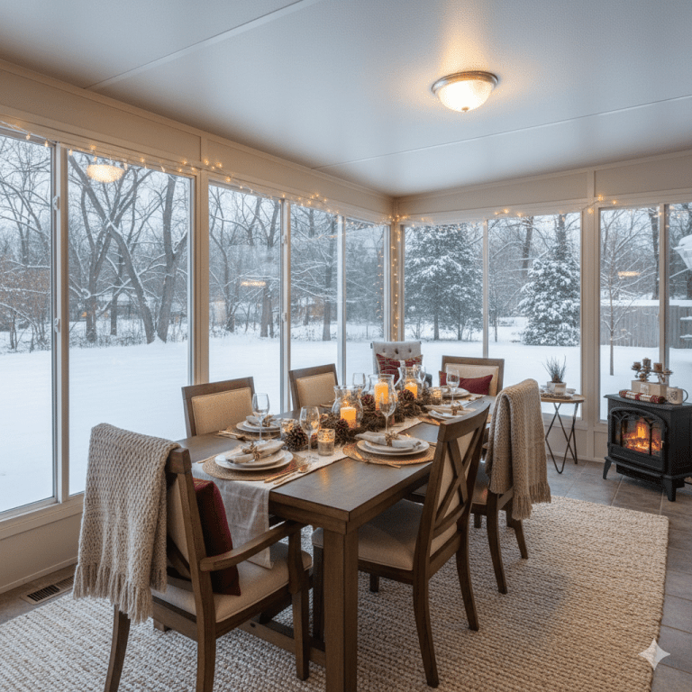 Festive sunroom with snow outside