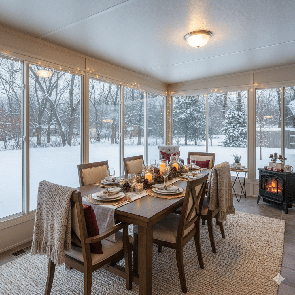 Festive sunroom with snow outside
