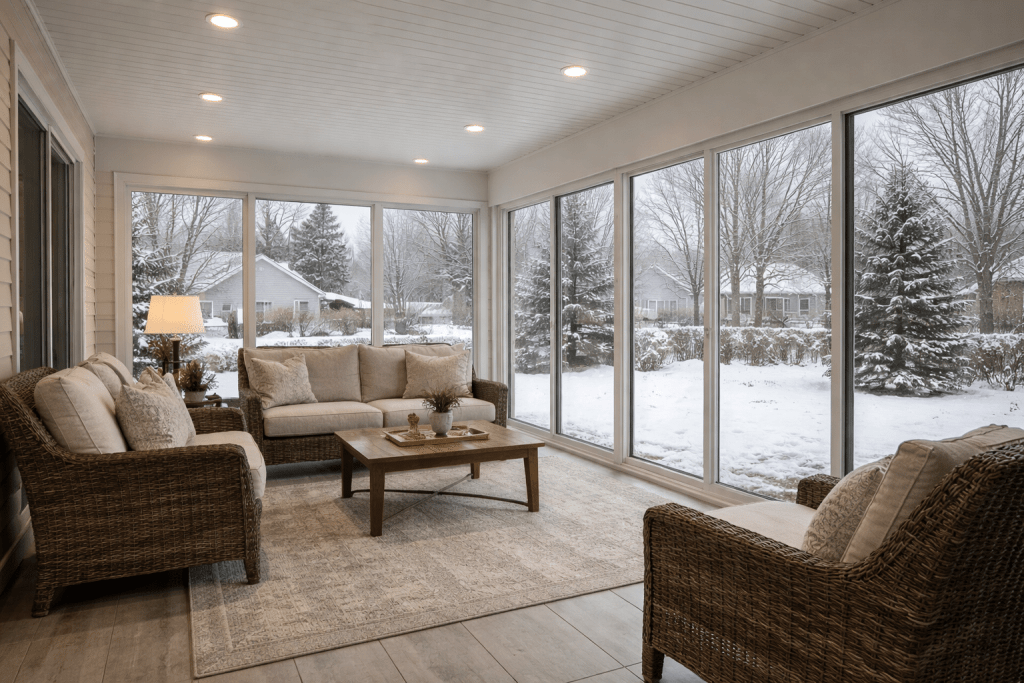 Interior view of a glass three-season sunroom in winter, looking out at a snow-covered Northern Ohio backyard