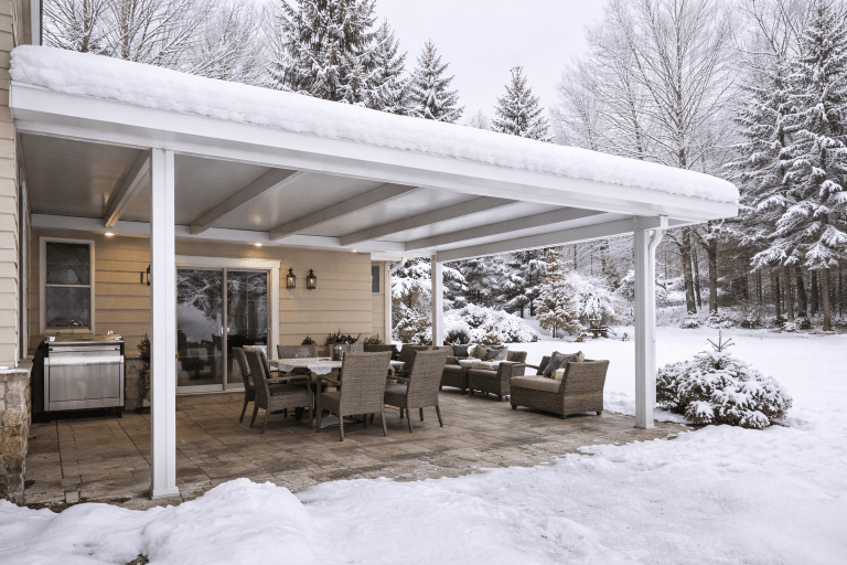 Deck & Shade Solutions Aluminum patio cover in Northern Ohio supporting snow load during winter weather